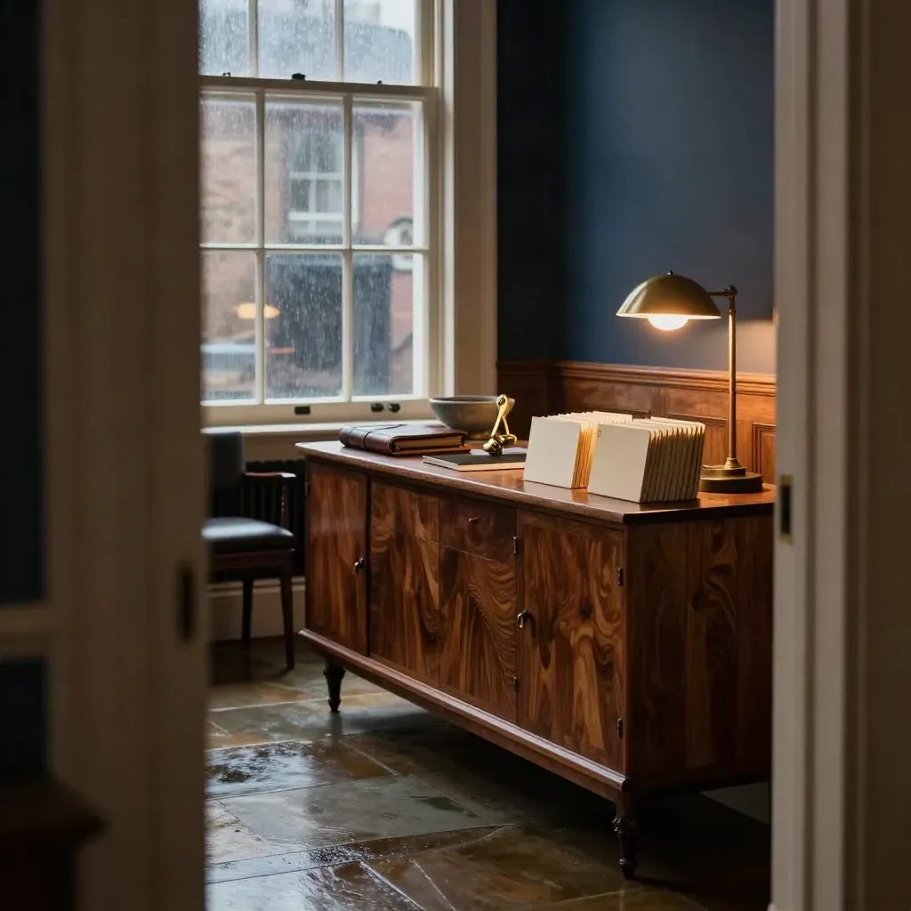 Refined advisory salon with walnut credenza, brass accents, ivory folders and rain-softened windows.