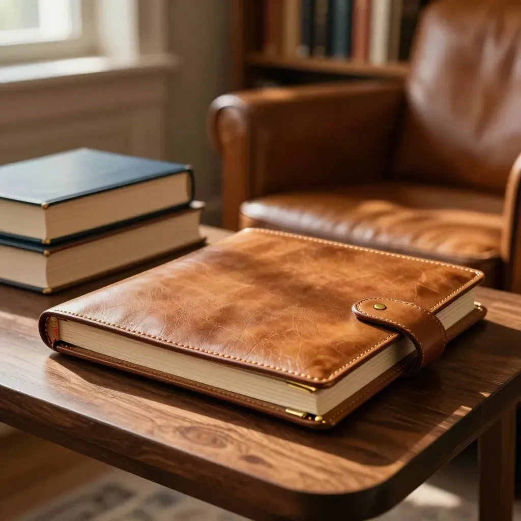 Closed leather planner, armchair and hardbacks in a warm private library corner.