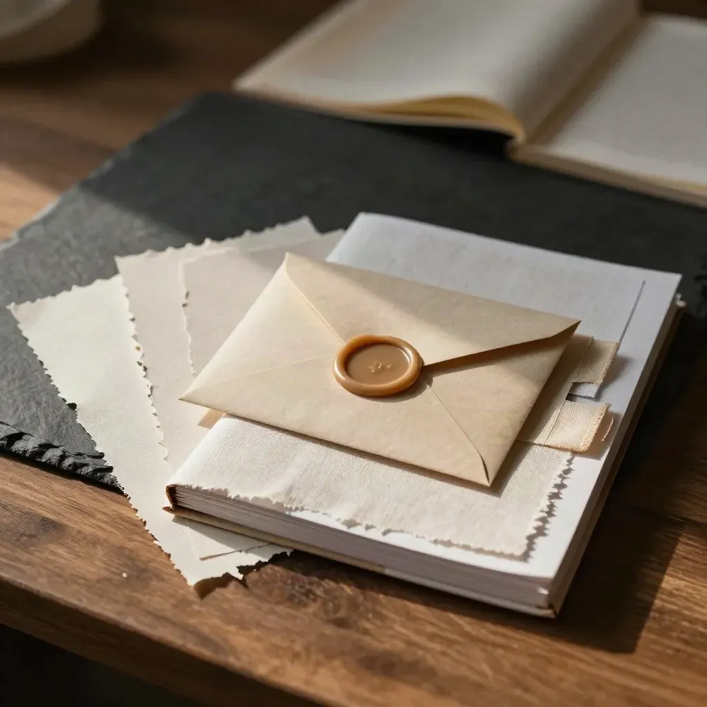 Editorial still life of brand strategy materials: paper swatches, linen, wax-sealed envelopes, closed notebook