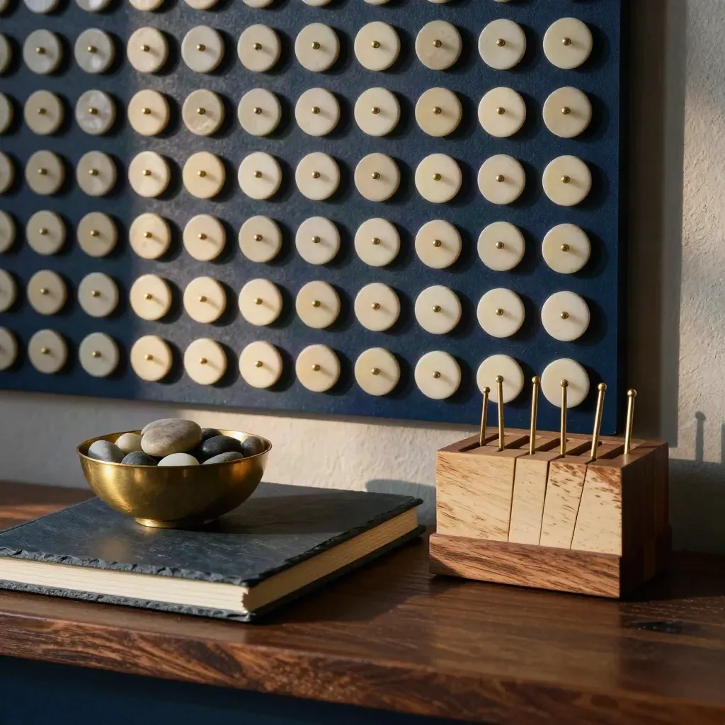 Moody close-up of a follow-up station with tokens, diary, brass bowl, and tally block.