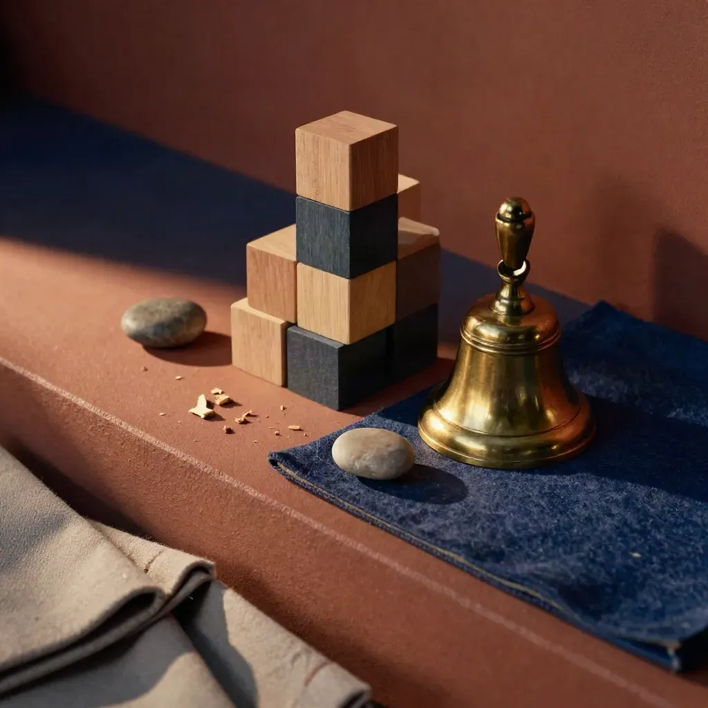 Overhead still life of wooden blocks, brass bell, stone, and felt mat