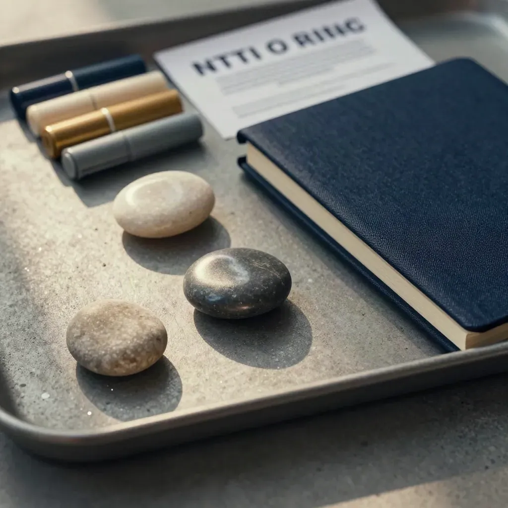 Polished pebbles, closed notebook and marker caps on a charcoal tray in a reflective review sequence