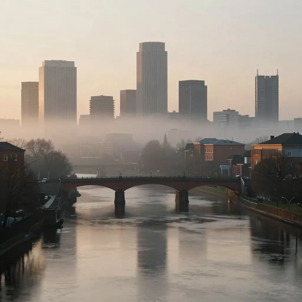 Misty Birmingham skyline at sunrise above calm canal water and red-brick viaducts.