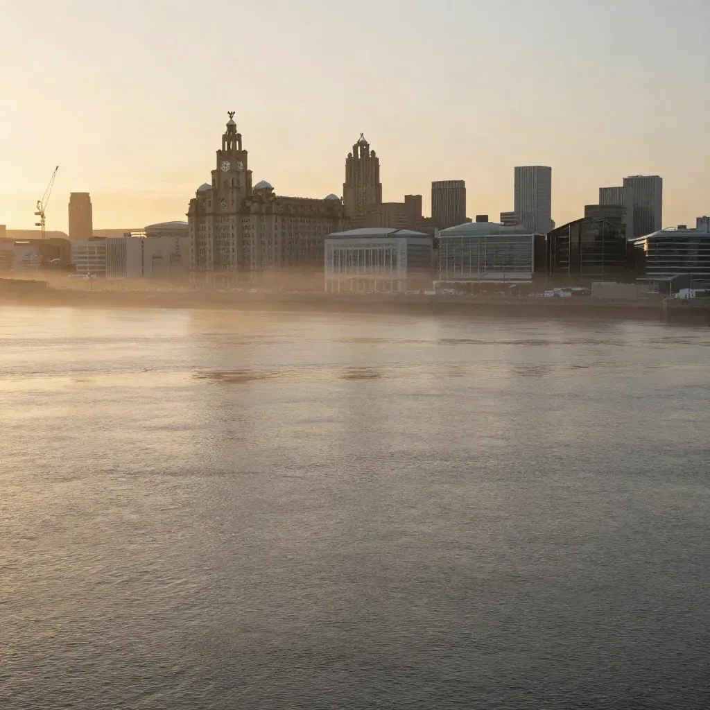 Liverpool waterfront at golden hour from Wirral, misty skyline above calm bronze water